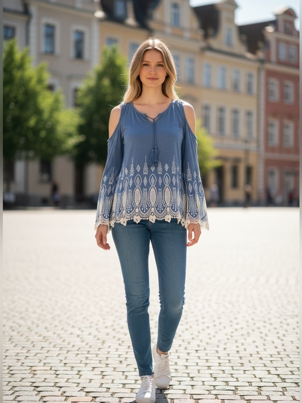 Chico’s Blue Embroidered Cold Shoulder Top – Size 3 Petite (XL)